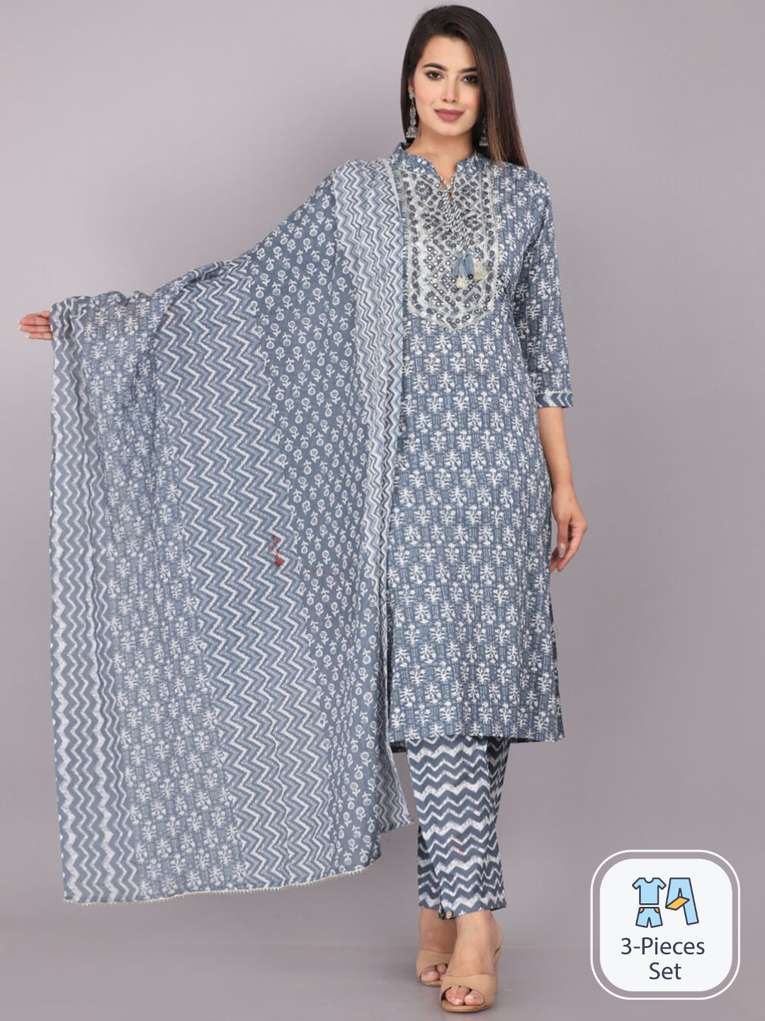 JC4U Floral Printed Pure Cotton Kurta with Trousers & With Dupatta