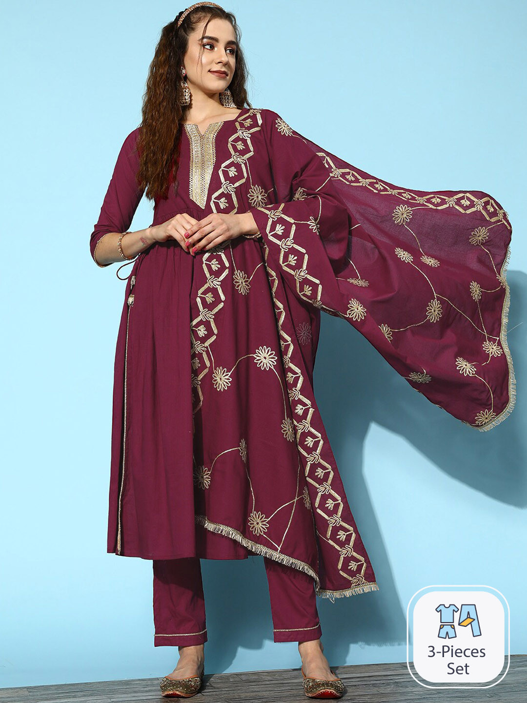 Sangria Pleated Straight Kurta With Trouser & Dupatta