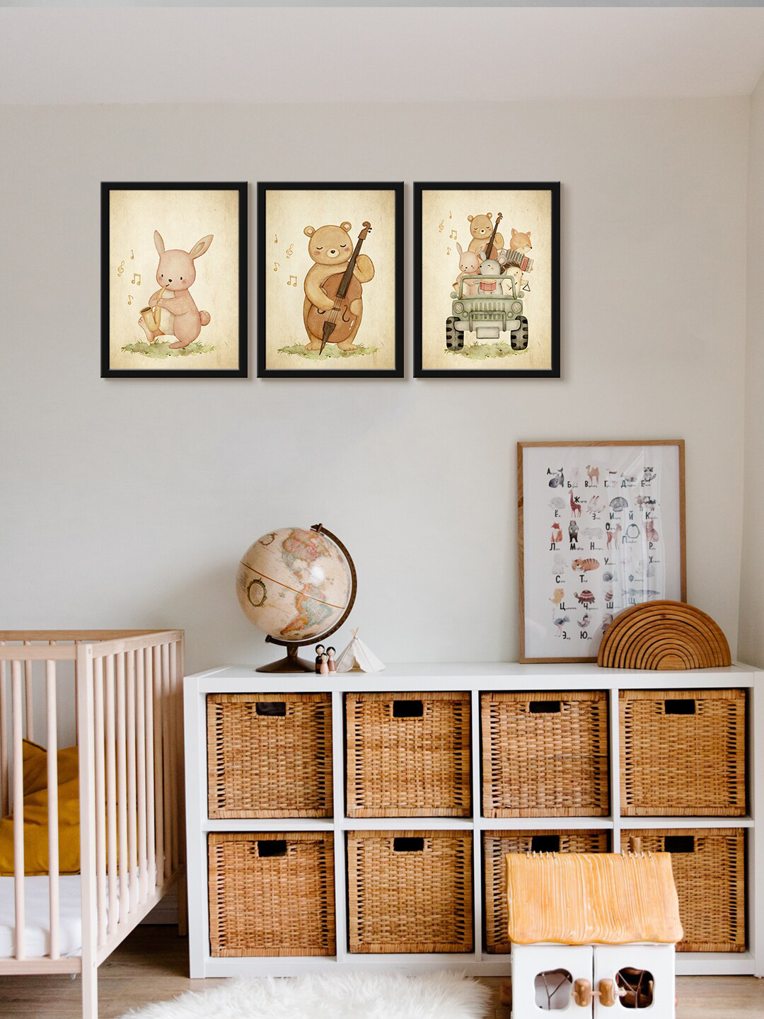 999Store Brown & Black 3 Pieces Animal Playing Music Painted Framed Wall Art