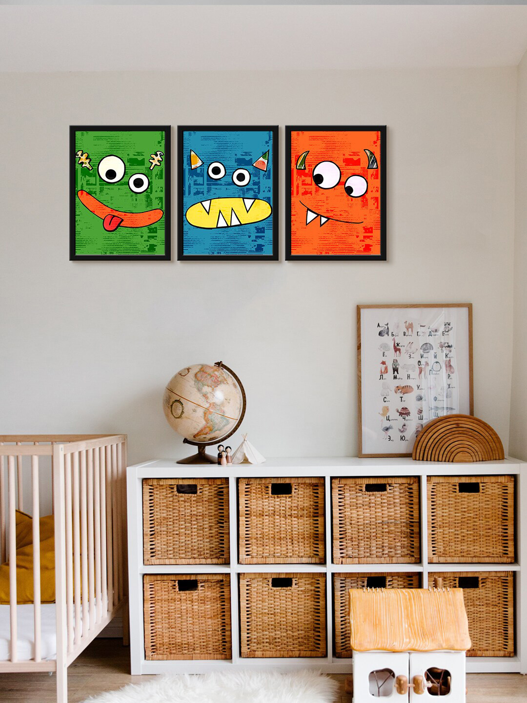 999Store Green & Blue 3 Pieces Monster Three Different Face Modern Canvas Wall Art