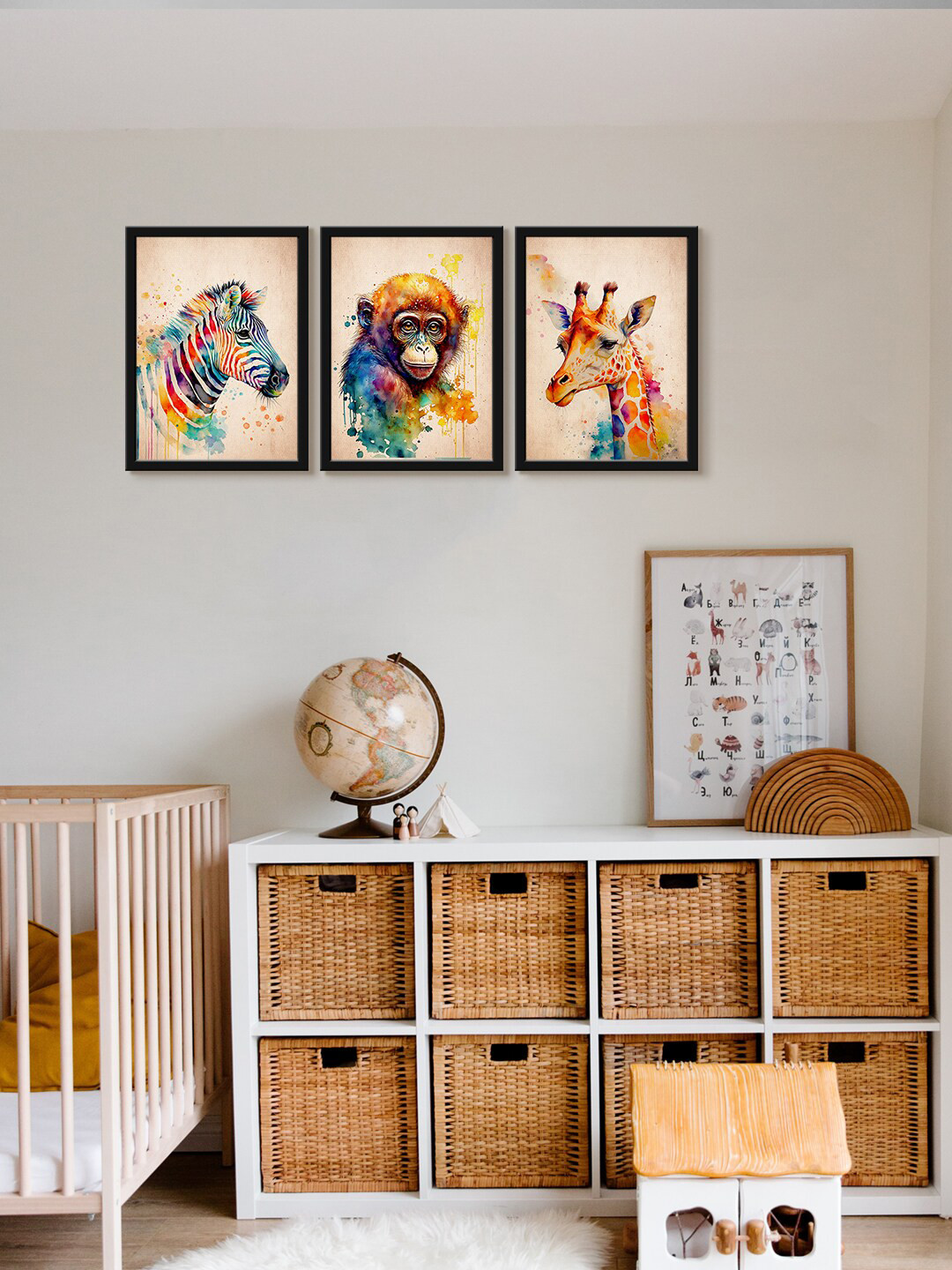 999Store Zebra Monkey & Giraffe Canvas 3 Piece Rectangle Paintings Wall Art - 18 x 12In