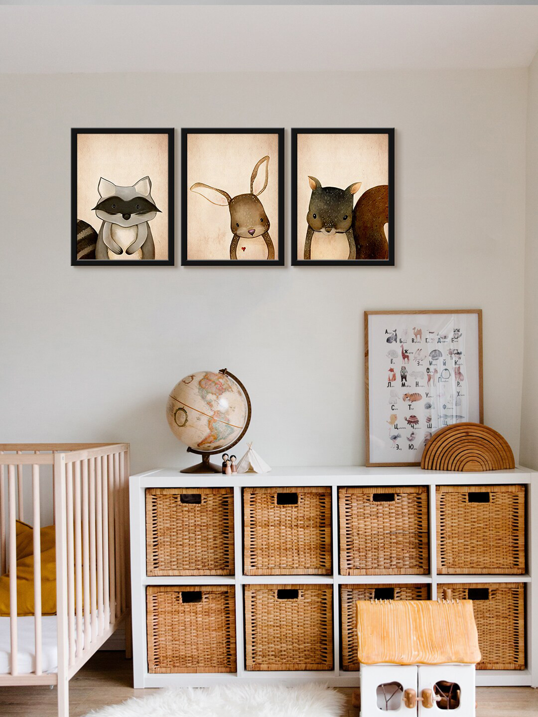 999Store Brown & Black 3 Pieces Cartoon Fox Printed Canvas Wall Arts