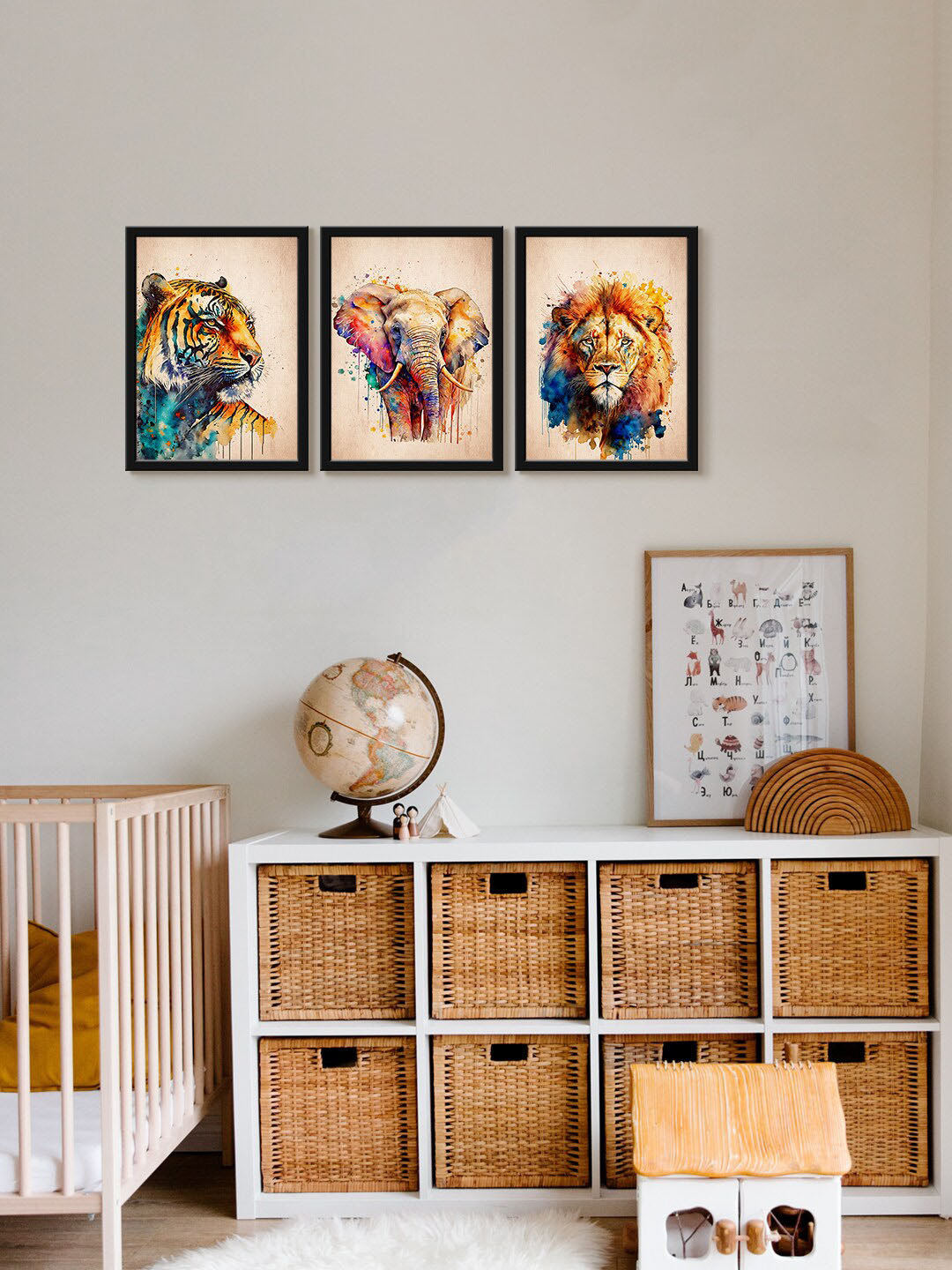 999Store Brown & Blue 3 Pieces Tiger Elephant Lion Printed UV Coating Painting Wall Art
