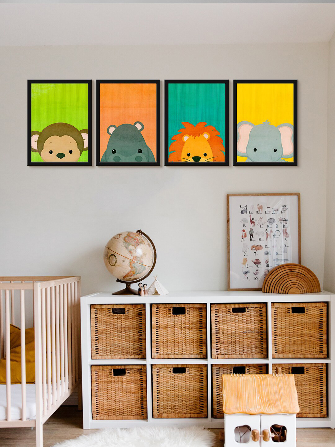 999Store Green & Yellow 4 Pieces Monkey Elephant Lion Painted Framed Wall Arts