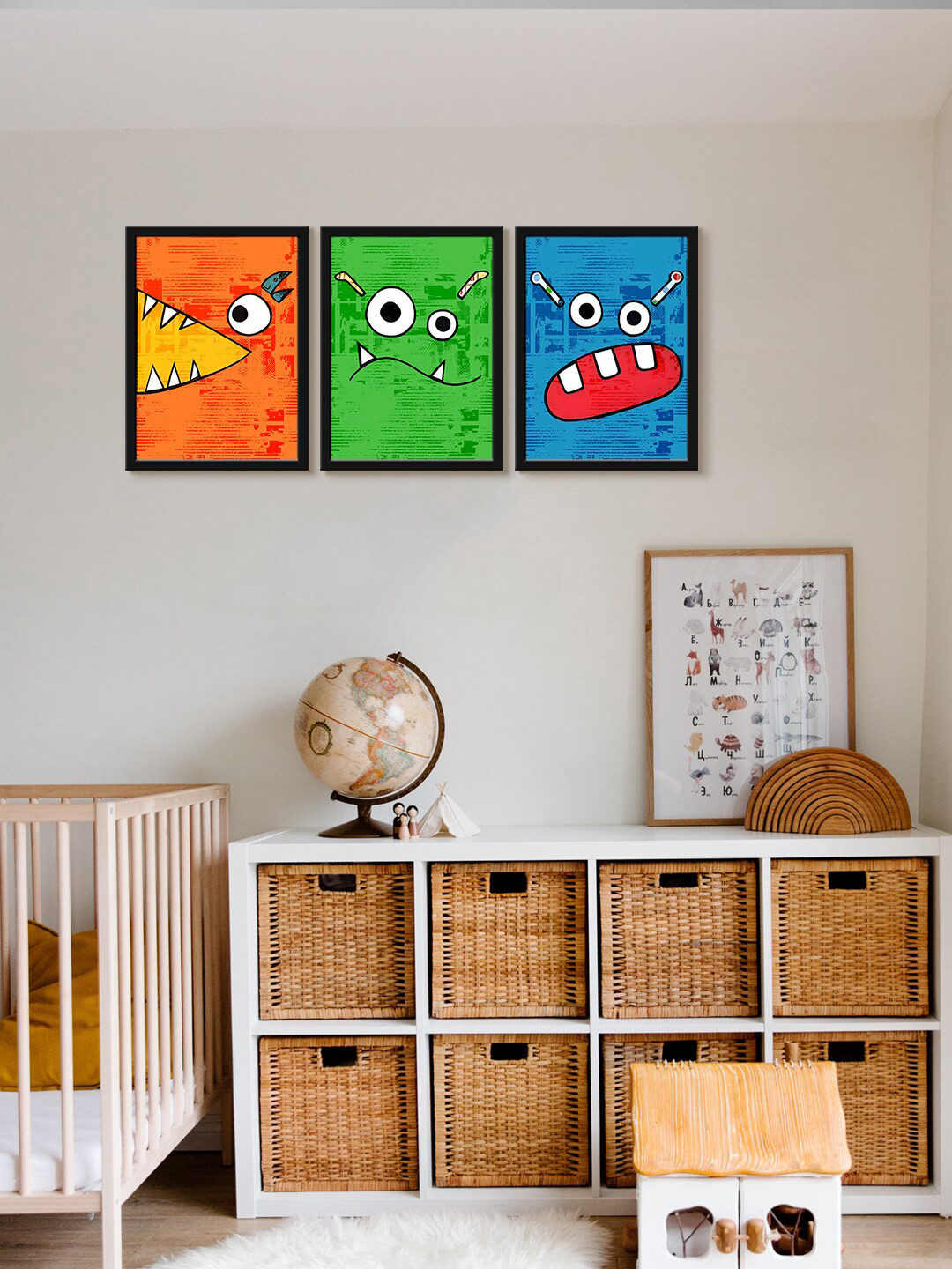 999Store Orange & Green & Blue 3 Pieces Teeth Monster Printed Wall Arts