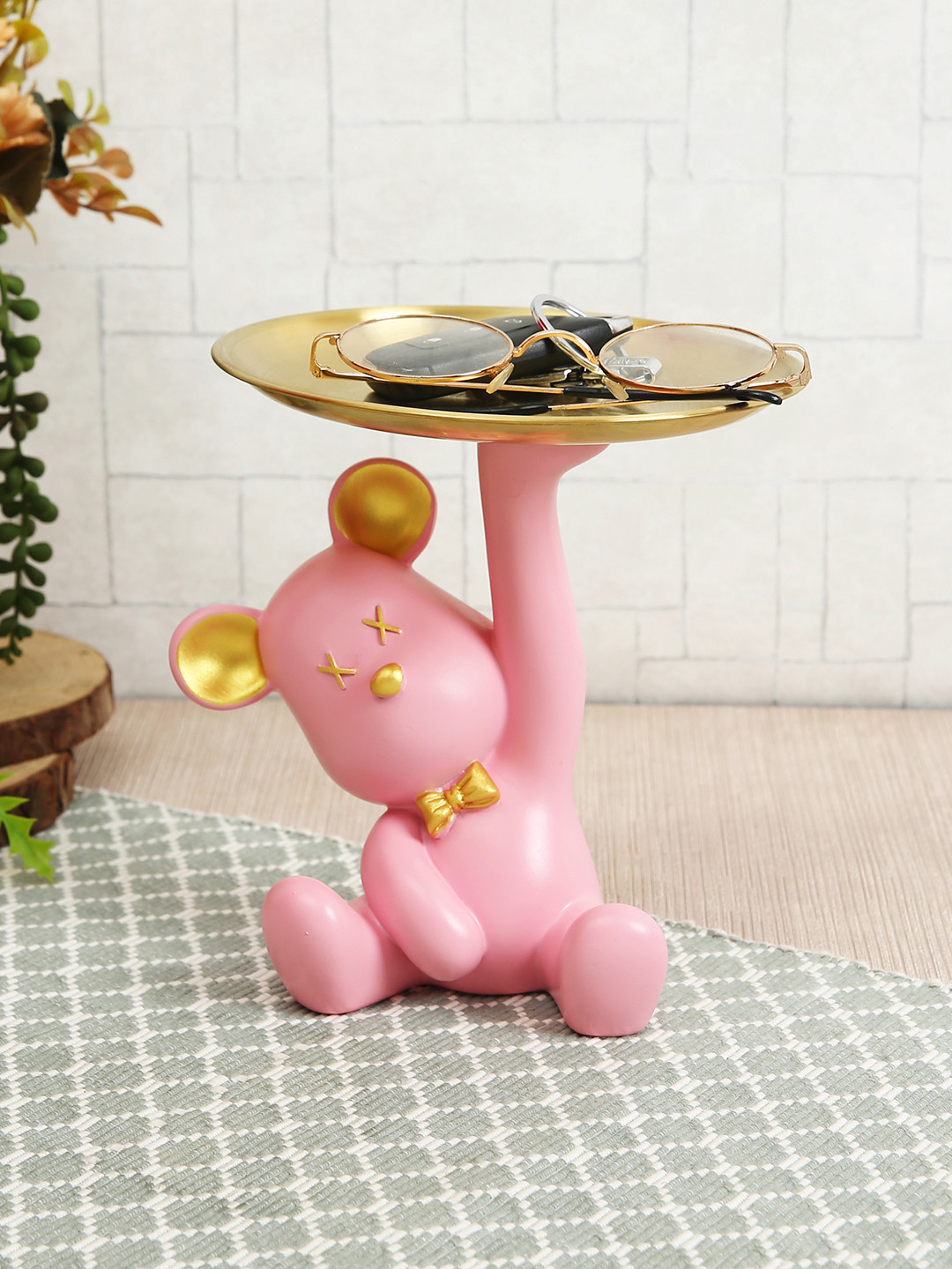 TIED RIBBONS Bear with Tray Pink Resin Natural Living Room Medium Showpiece - 6.5 Inches