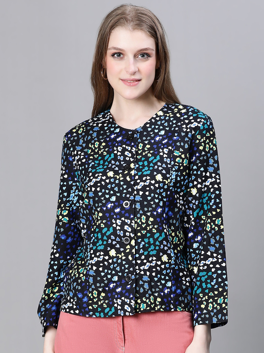 Oxolloxo Abstract Printed Lightweight Crop Cotton Casual Tailored Jacket