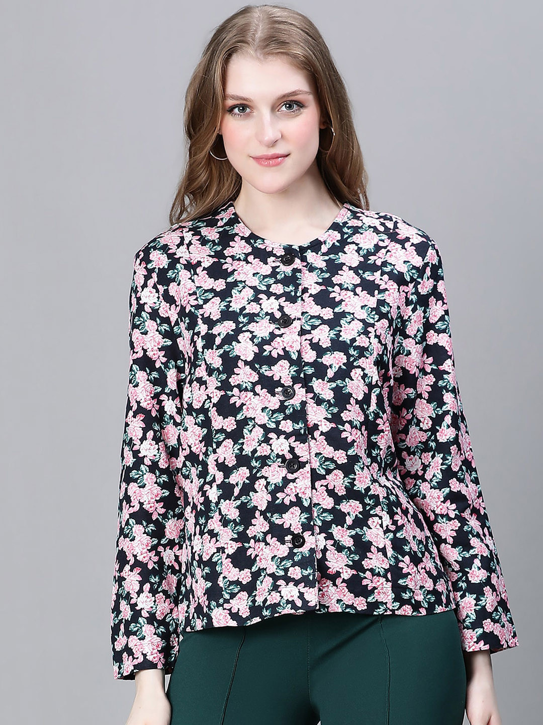 Oxolloxo Floral Printed Collarless Lightweight Cotton Tailored Jacket
