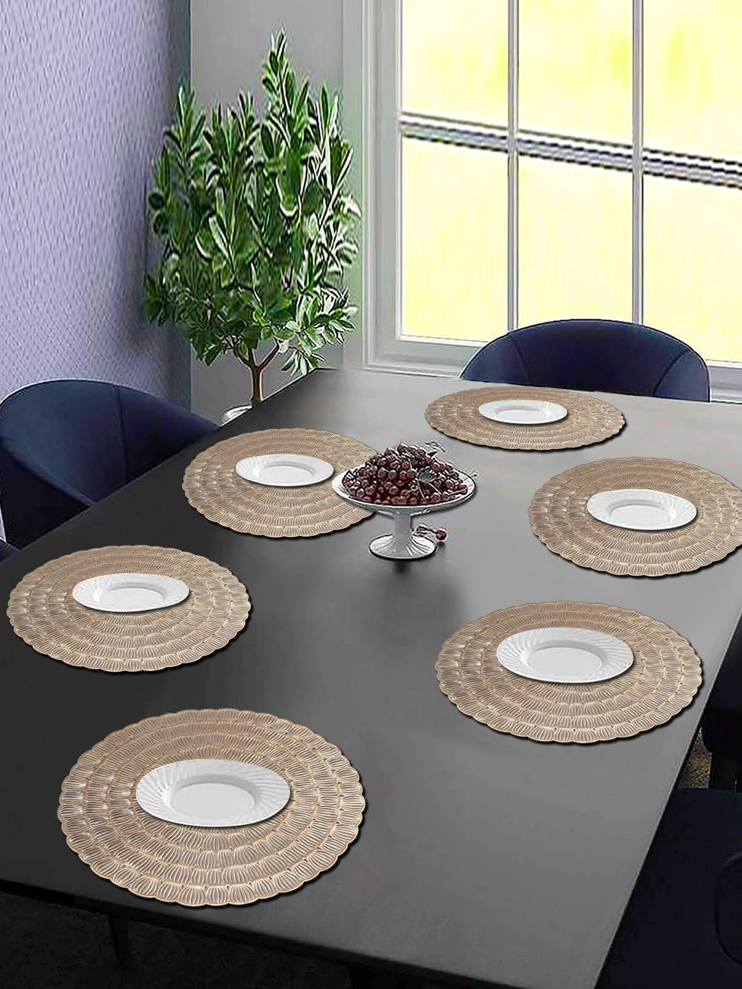Dakshya Industries 6-Pcs Golden Self Design Round Table Placemats