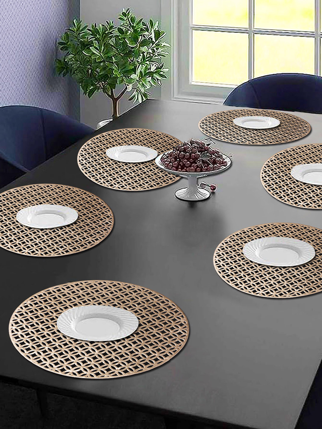Dakshya Industries 6-Pcs Golden Self Design Round Table Placemats