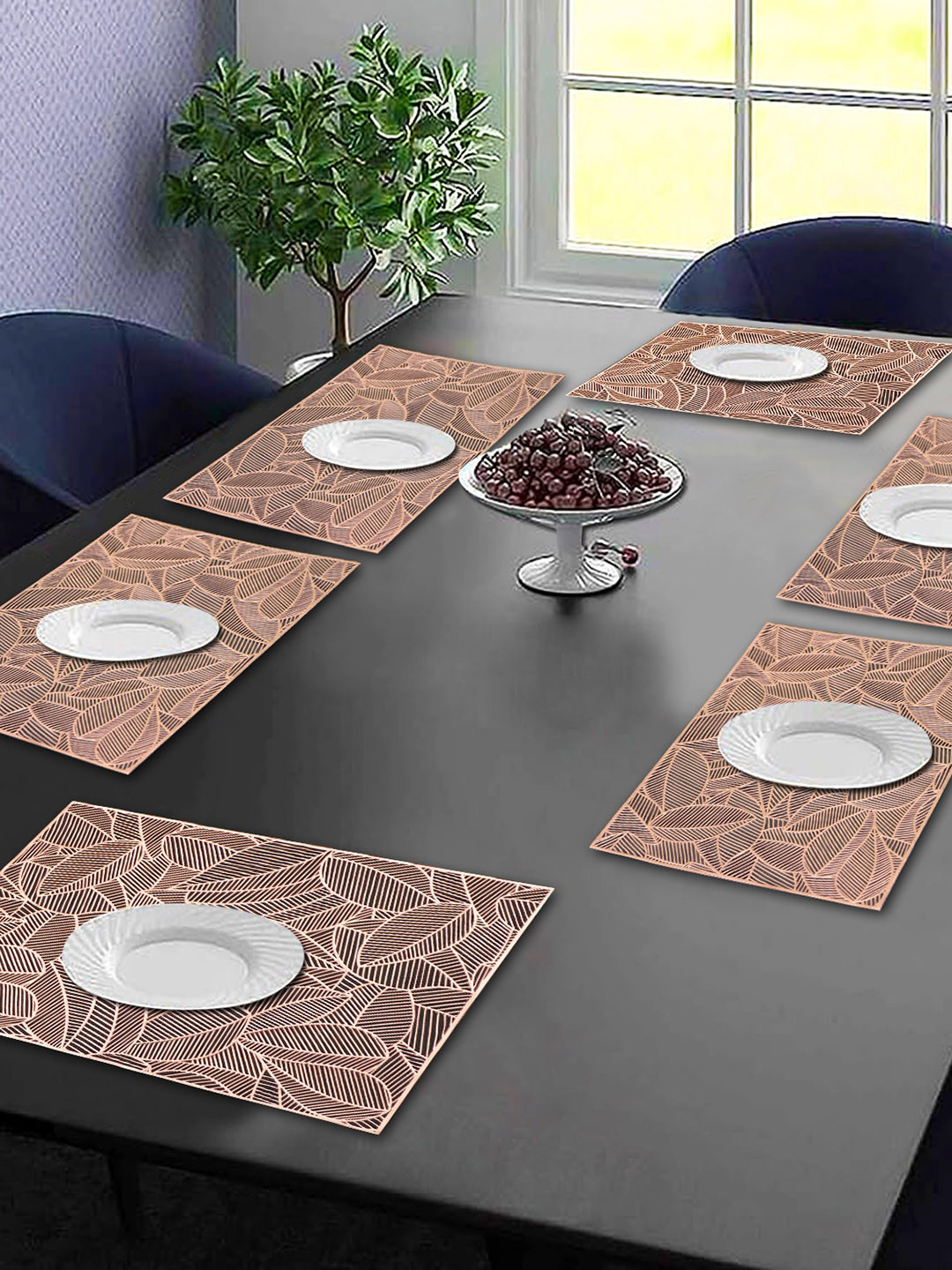 Dakshya Industries Copper Toned 6 Pieces Floral Rectangular Table Placemats