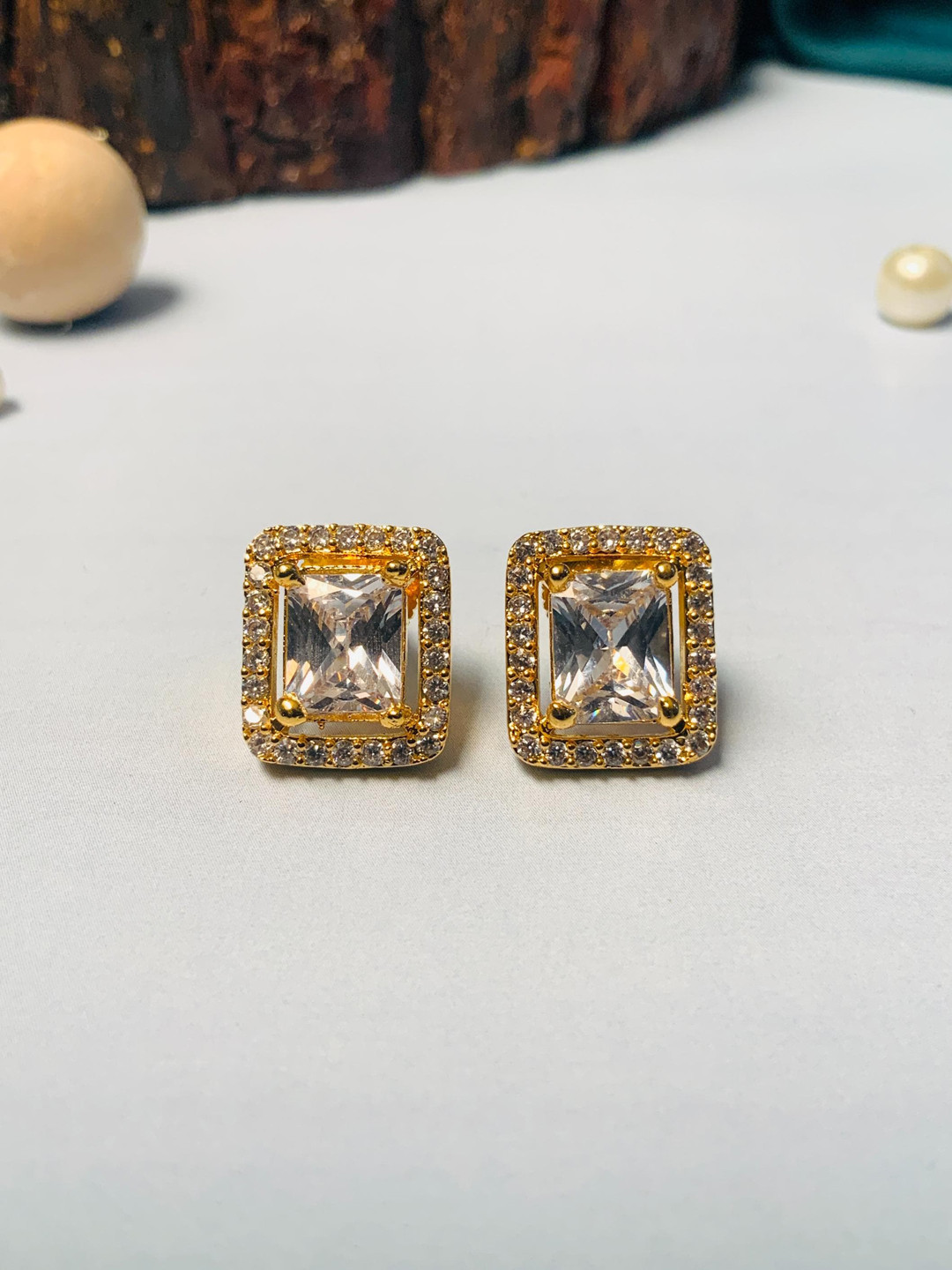 ABDESIGNS Gold-Plated Square Shaped American Diamond Studs Earrings