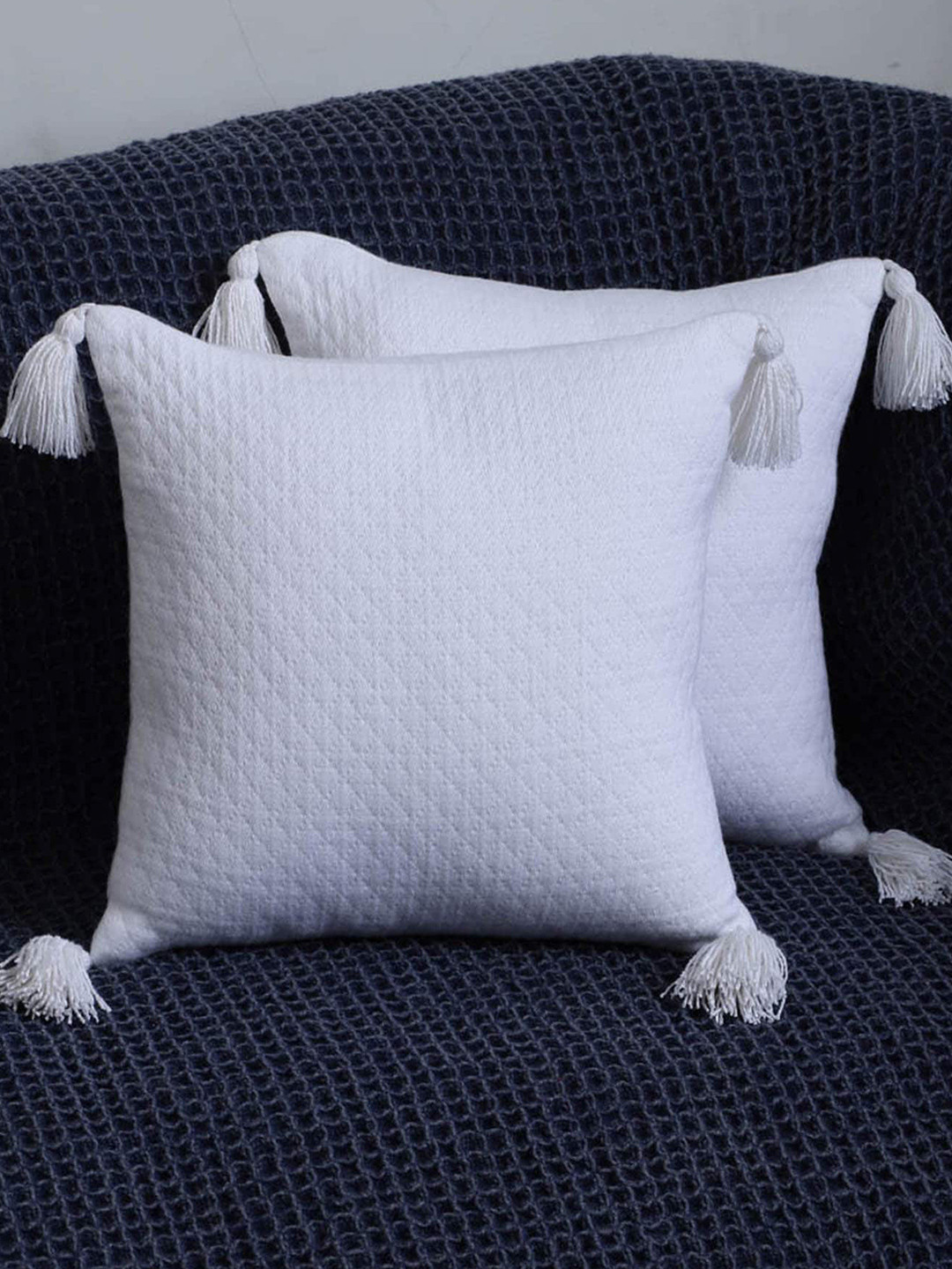 Jamio Firati Abstract White Self Design Cotton 2 Pcs Textured Cushion Covers -12x12In