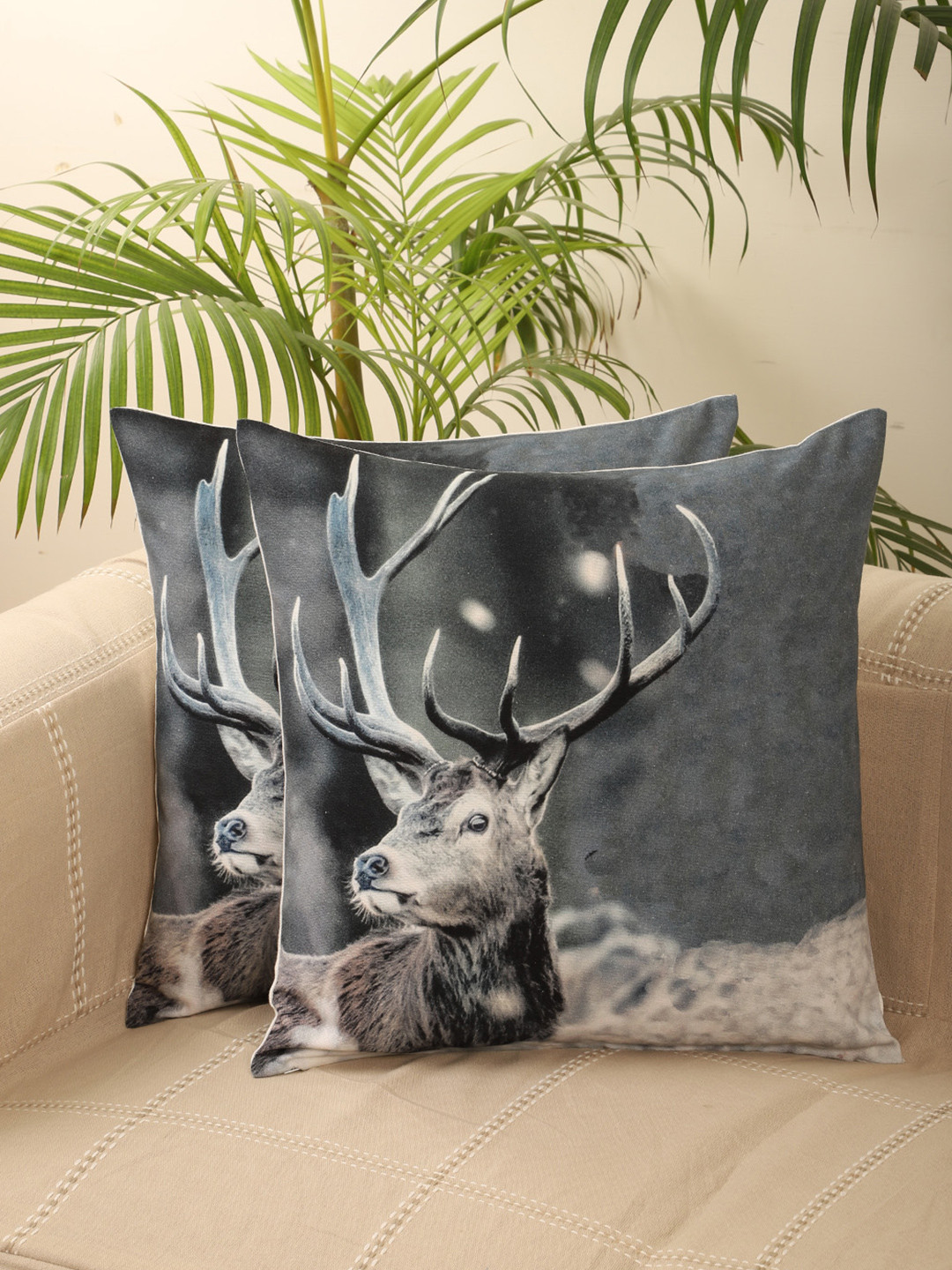 Jamio Firati Grey Animal Cotton Breathable 2 Piece Square Cushion Covers -18x18In