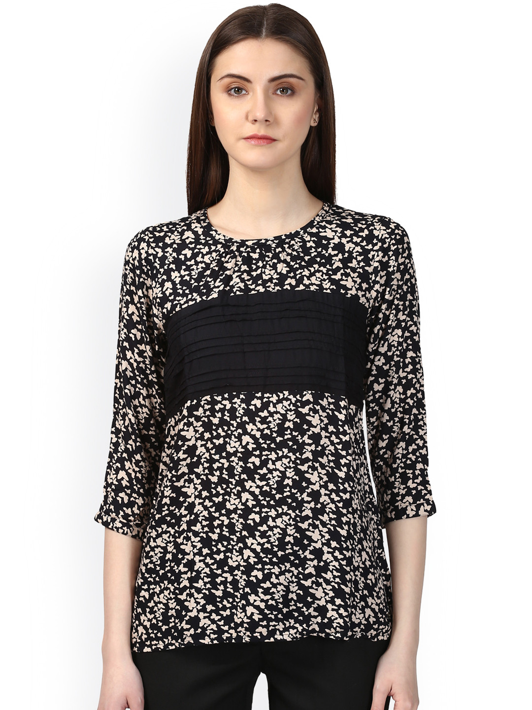 Park Avenue Women Beige And Black Butterfly Print Top