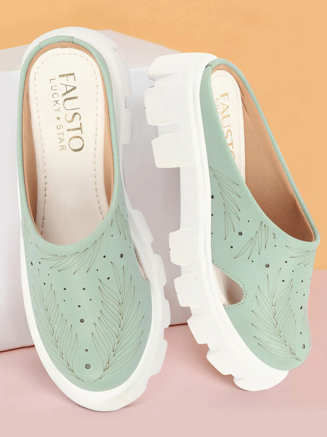 FAUSTO Women Leaf Printed Laser Cut Heeled Lightweight Clogs