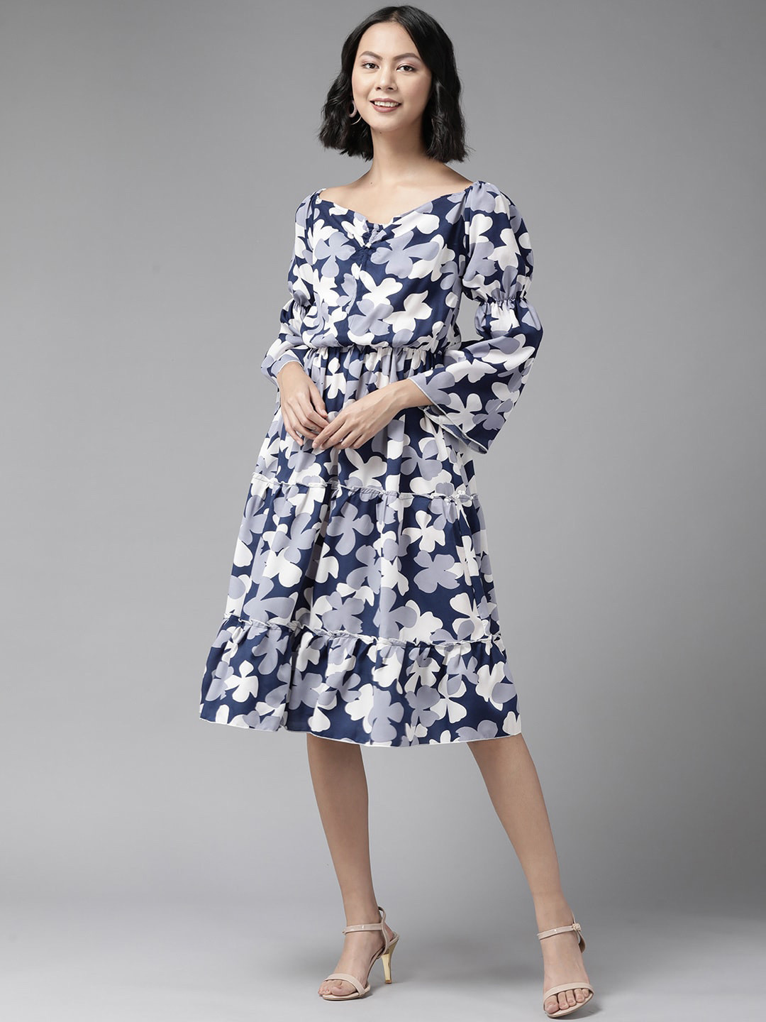Aarika Floral Printed V-Neck Puff Sleeves Gathered Detailed Fit & Flare Midi Dress