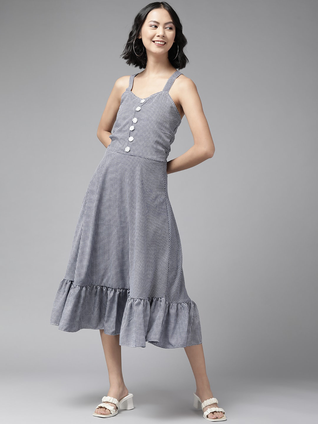 Aarika Checked Shoulder Strap Georgette A-Line Midi Dress
