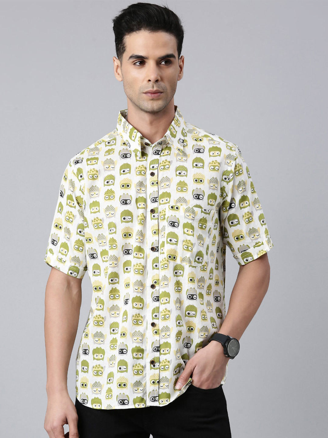 ERISHA Comfort Regular Fit Conversational Printed Spread Collar Pocket Cotton Casual Shirt