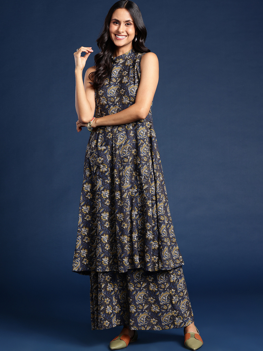 Taavi Kalamkari Printed Pleated Mandarin Collar Pure Cotton Kurta with Palazzos