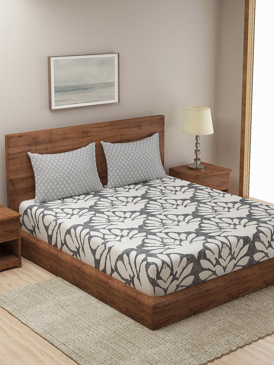 Dreamscape Grey Graphic Cotton Breathable 140 TC Queen Bedsheet with 2 Pillow Covers-87 x 98 inches