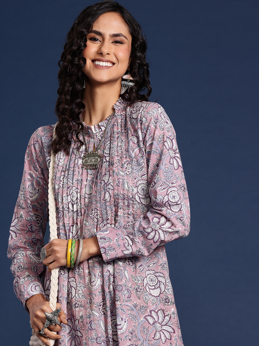 Taavi Hand Block Bagru Printed Pure Cotton A-Line Dress