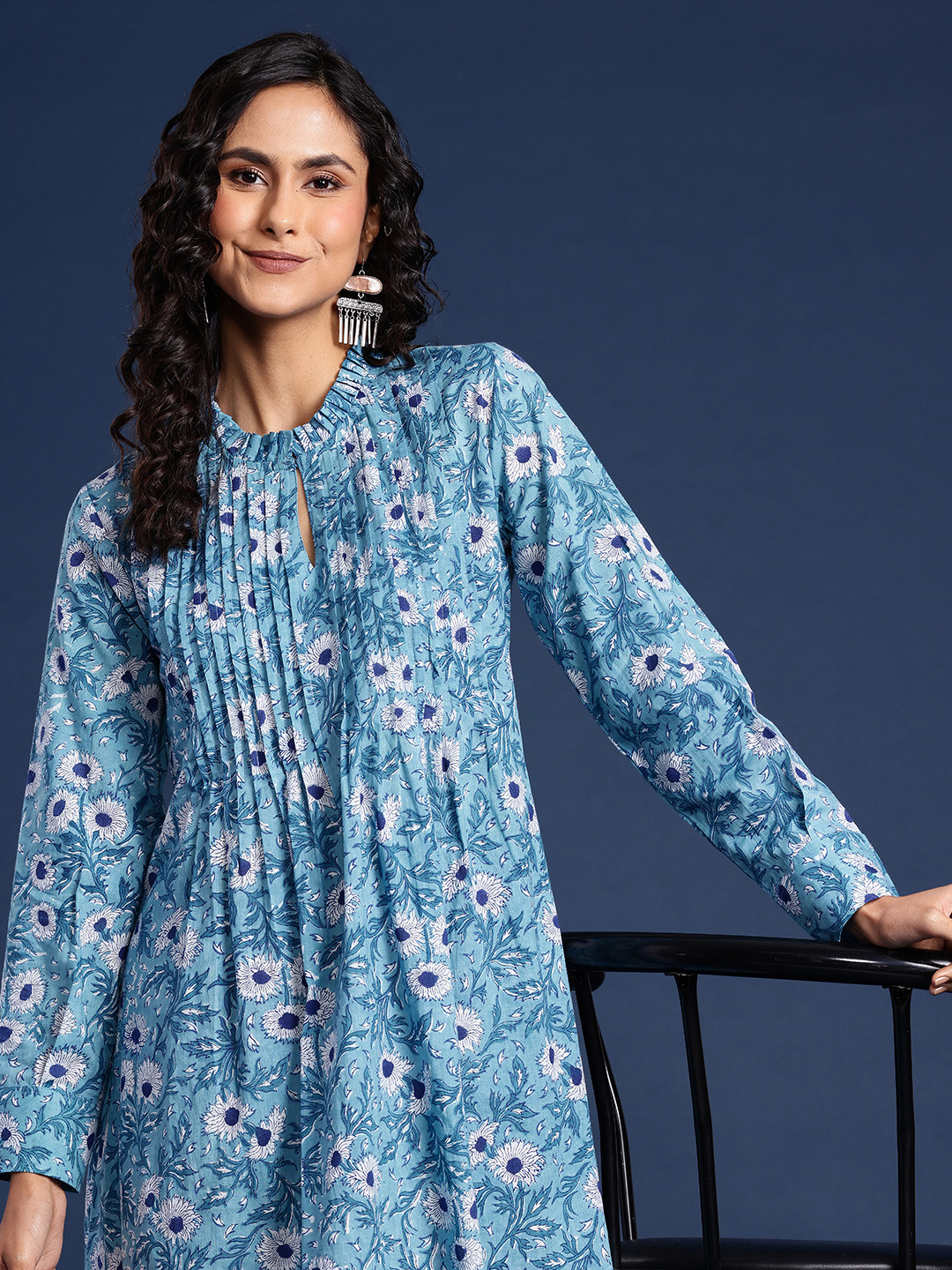 Taavi Hand Block Bagru Printed Pure Cotton A-Line Dress