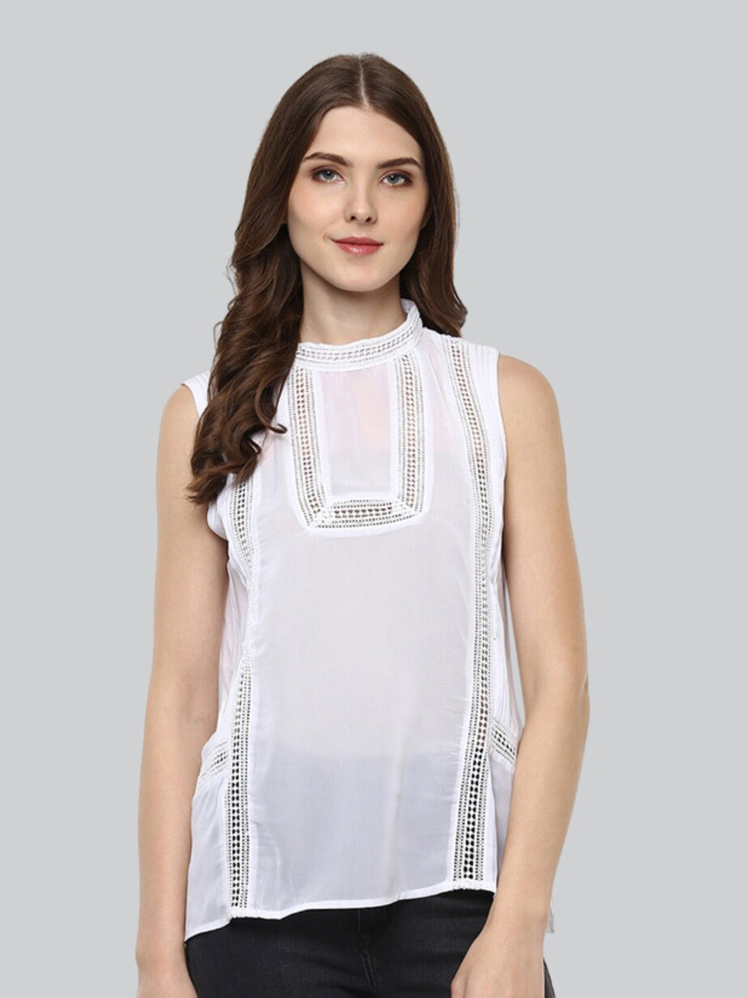 Moda Elementi Mandarin Collar Semi Sheer Net Top