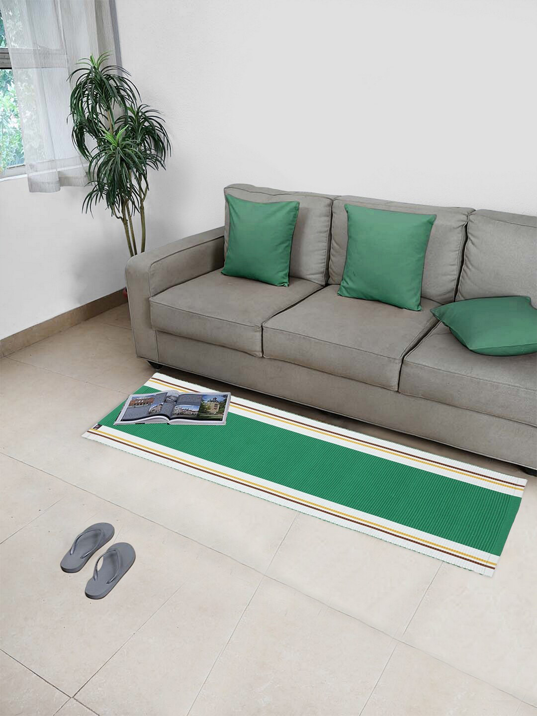 KLOTTHE Green & White Striped Anti-Skid Cotton Rug