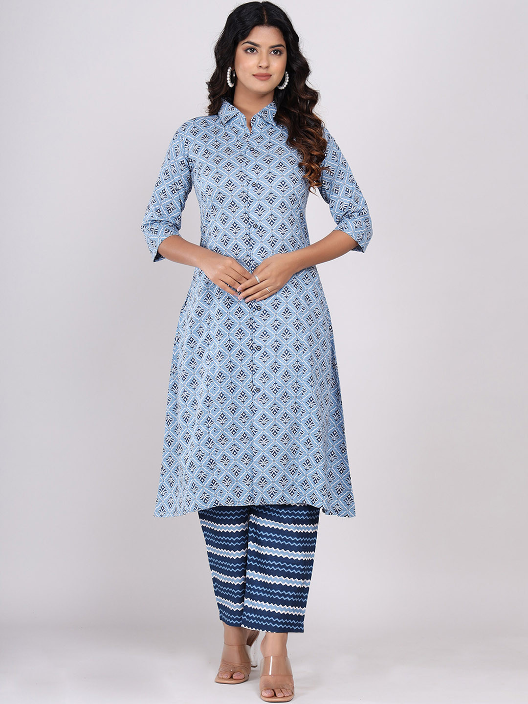WOMEN VILLAGE Ethnic Motifs Printed Shirt Collar Pure Cotton Kurta With Pyjamas