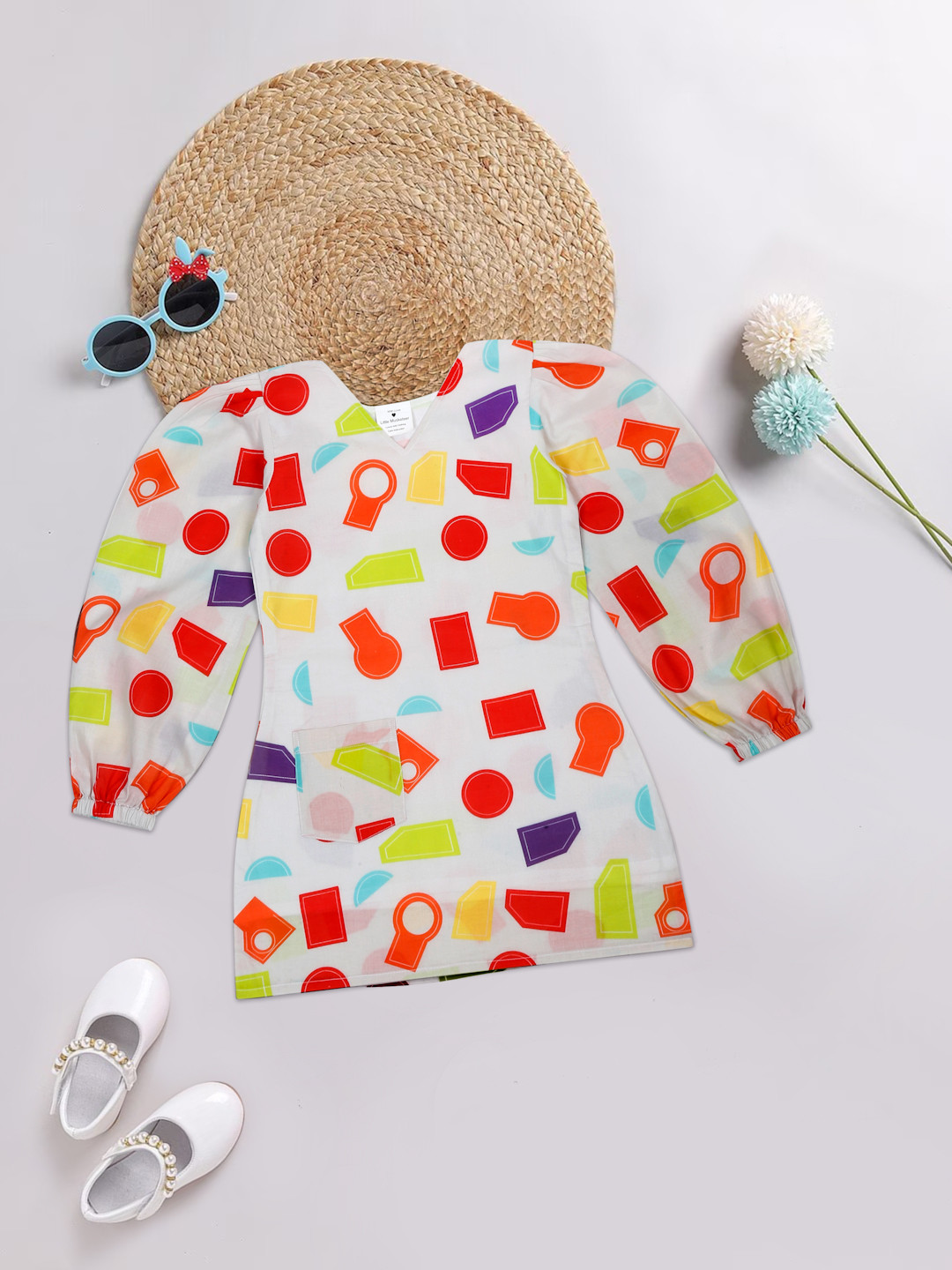 Little Musketeer Girls Geometric Printed Cotton Puffed Sleeves Bodycon Dress