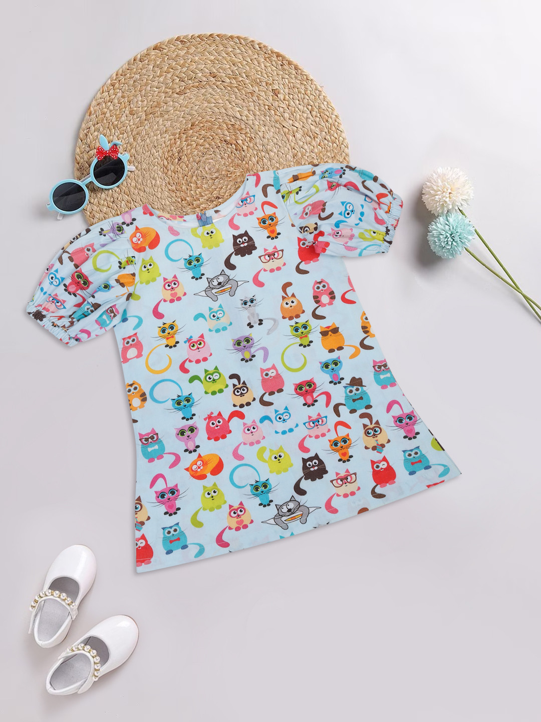 Little Musketeer Girls Conversational Printed Puff Sleeves A-Line Mini Cotton Dress