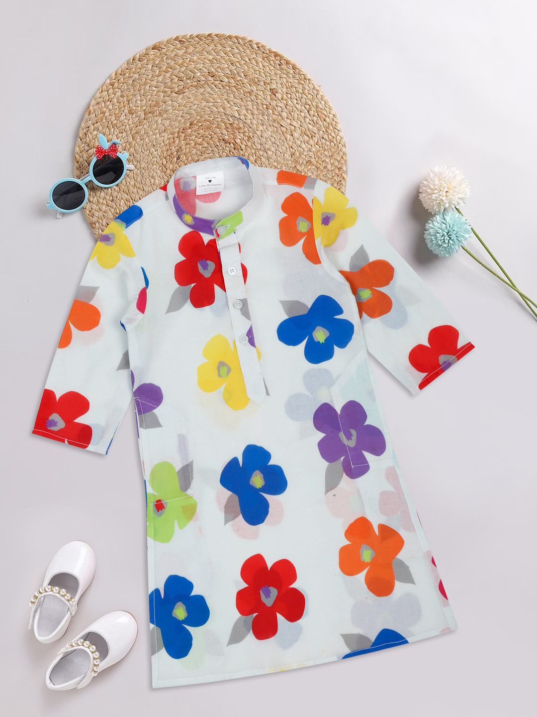 Little Musketeer Girls Floral Printed Band Collar Cotton Kurta