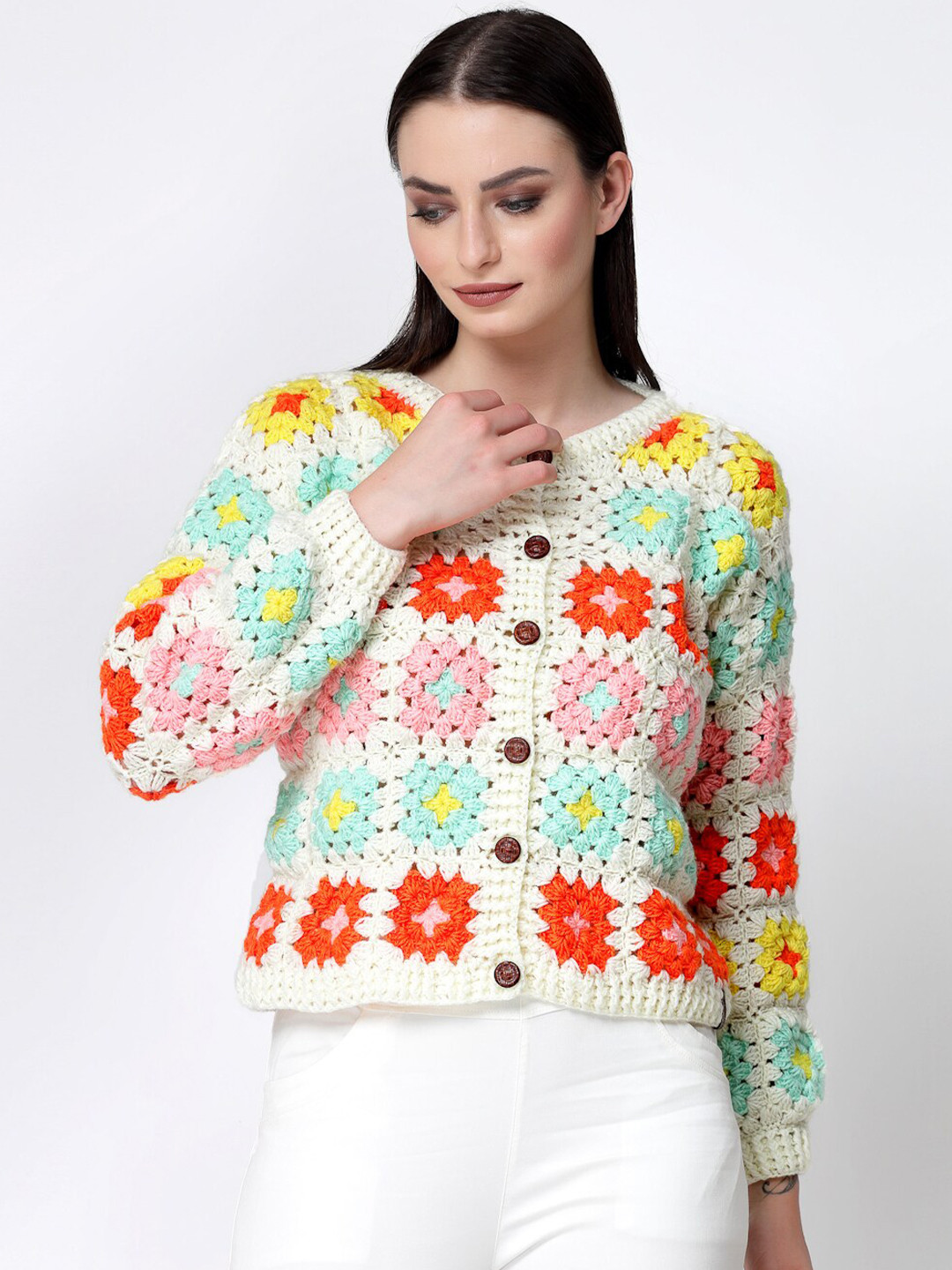 Velvery Open Knit Crochet Acrylic Cardigan