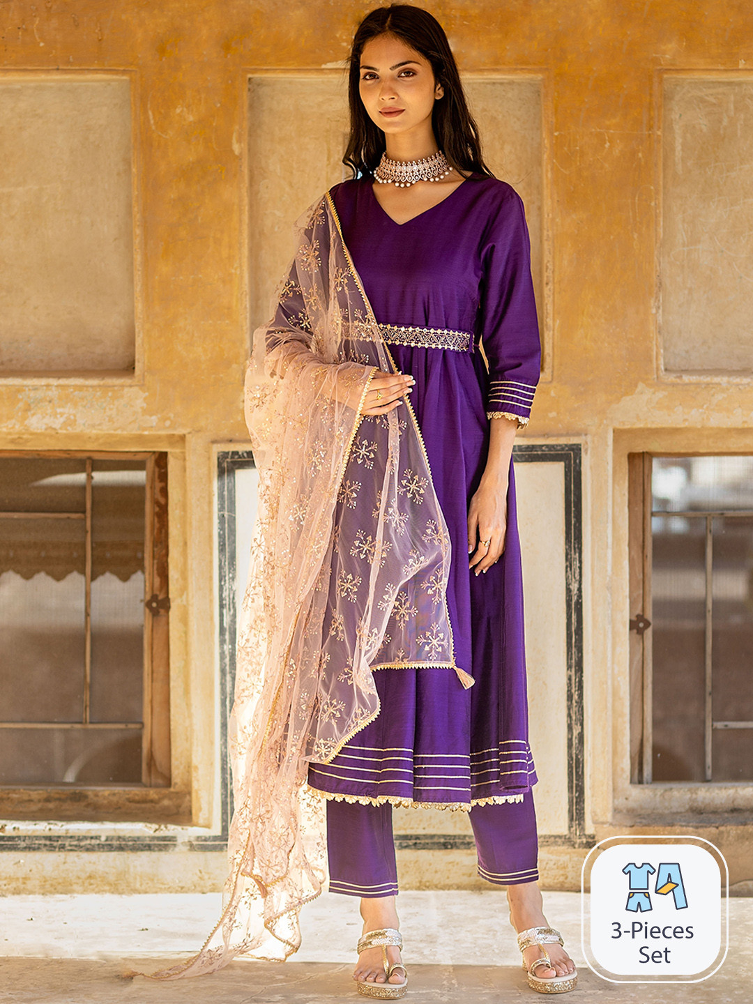 KASYA V-Neck Anarkali Kurta With Trousers & Dupatta