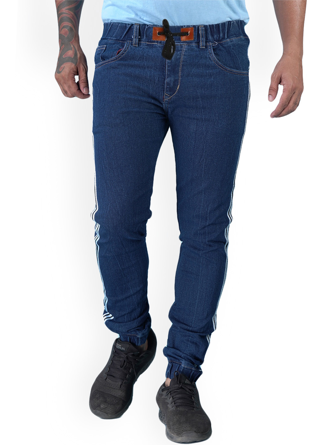 Xee Men Jean Jogger Mid Rise Side Stripes Jeans