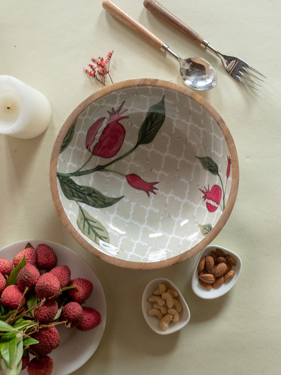 TWIG STORY Beige & Red Pomegranate Printed Wooden Salad Bowl