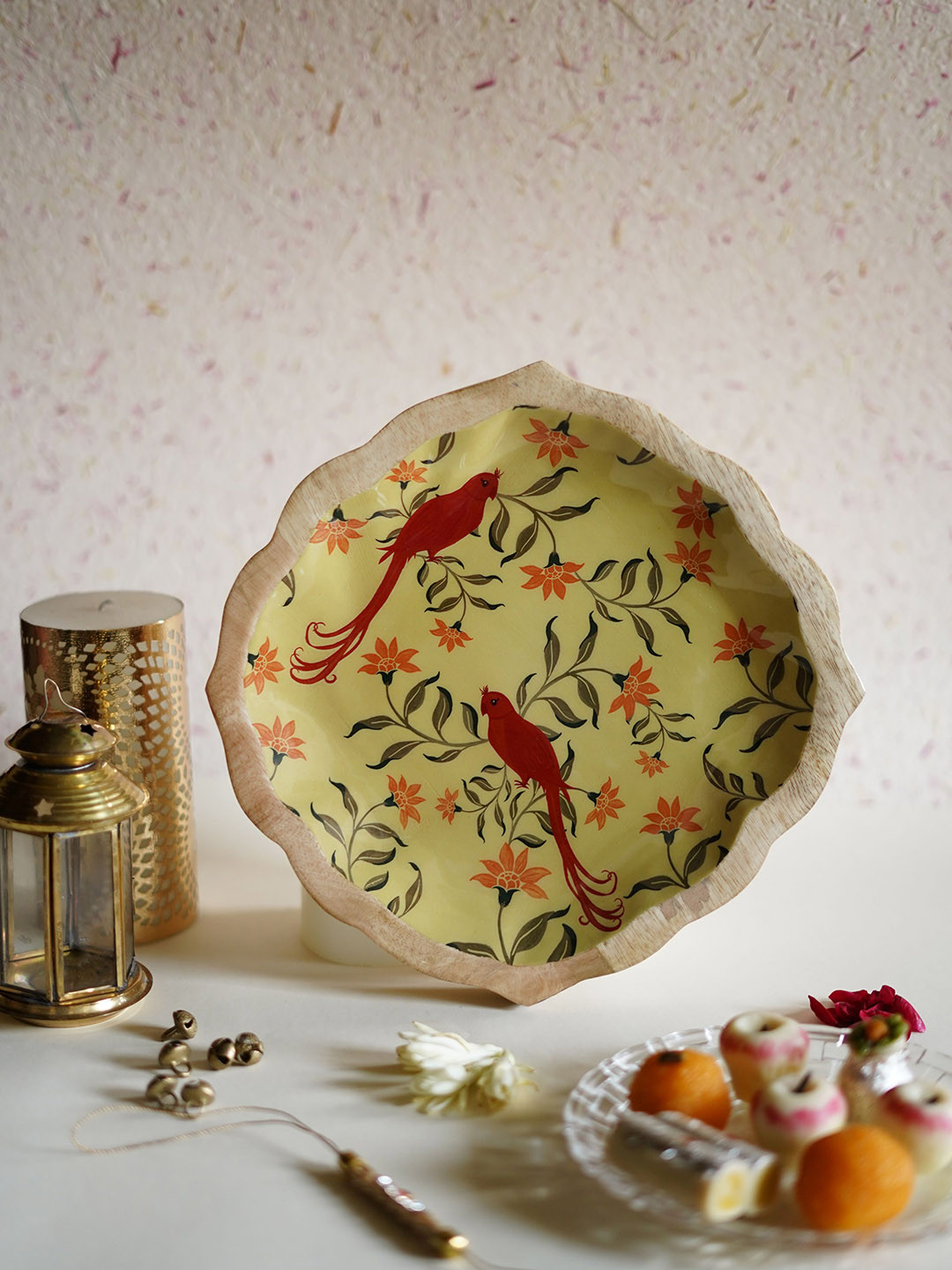 TWIG STORY Floral Valley Green & Yellow Jaal Bird Printed Wooden Platter
