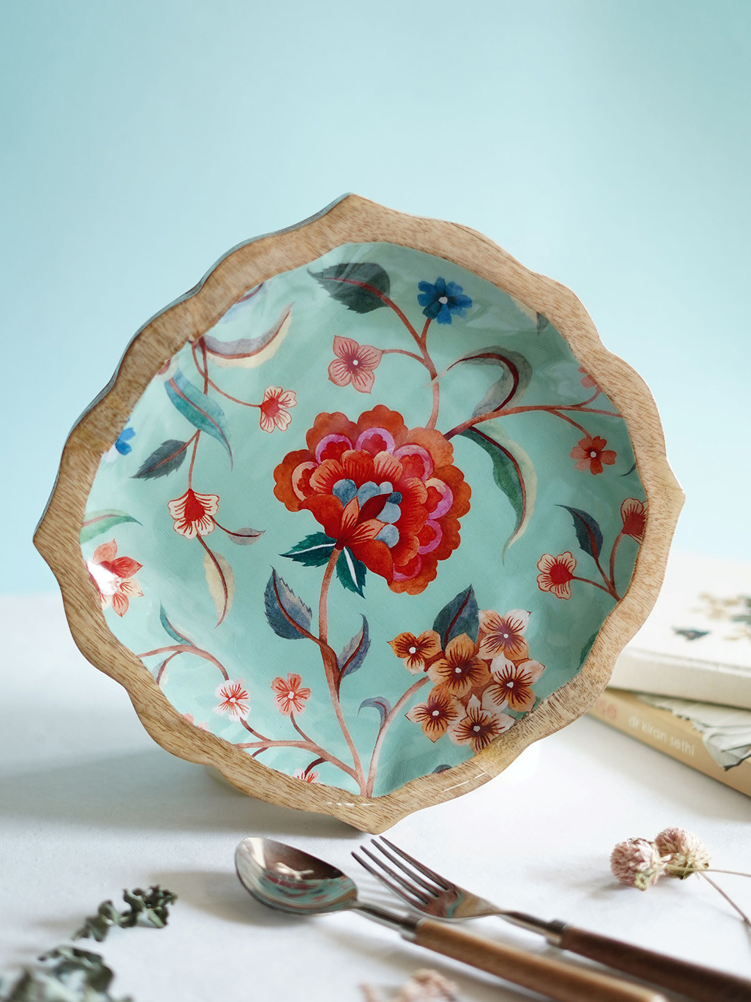 TWIG STORY Floral Valley Teal Blue & Red Phoolon Ki Chaader Enameled Food Platter