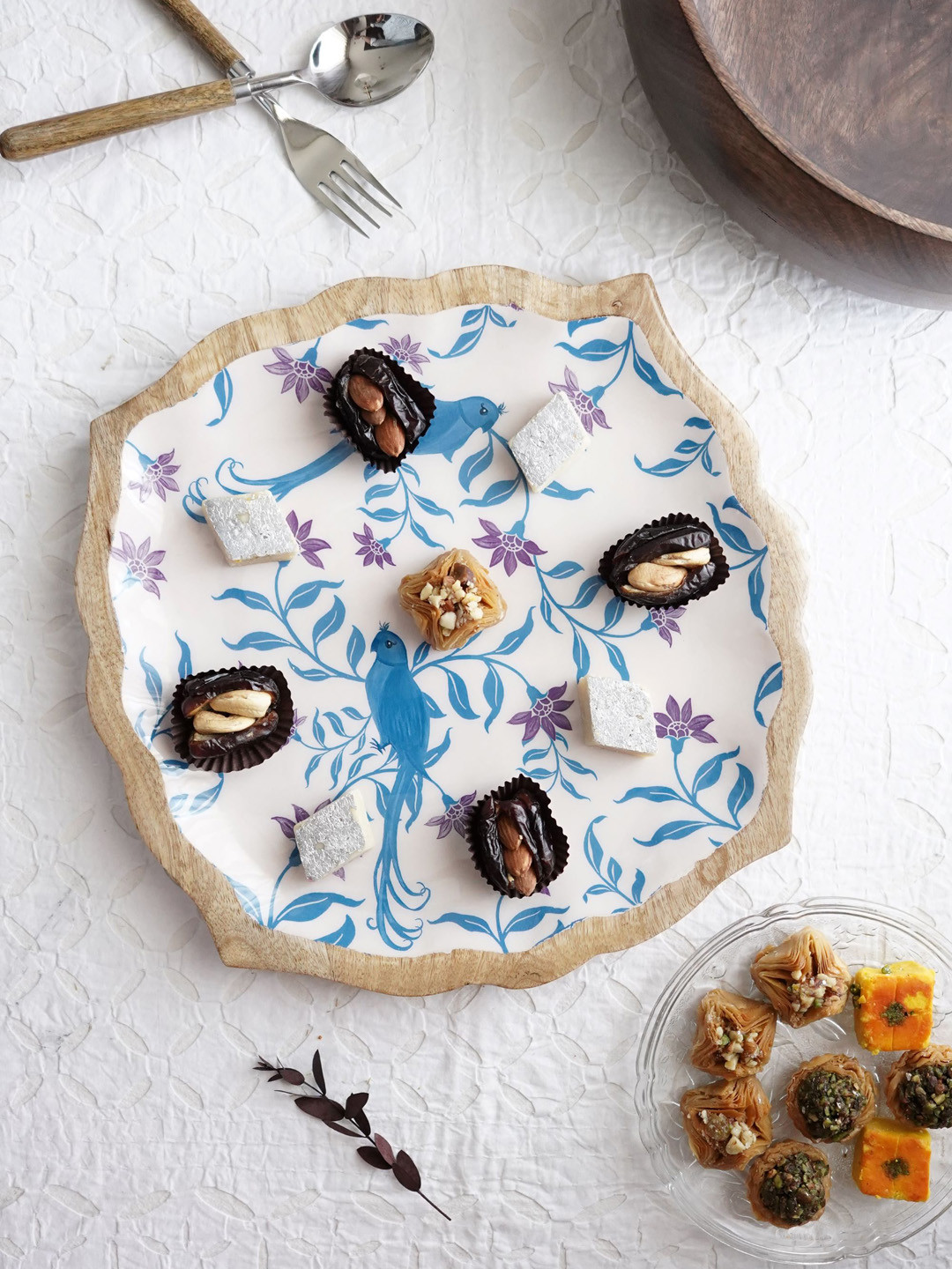 TWIG STORY Floral Valley White & Purple Bird Jaal Enameled Wooden Food Platter