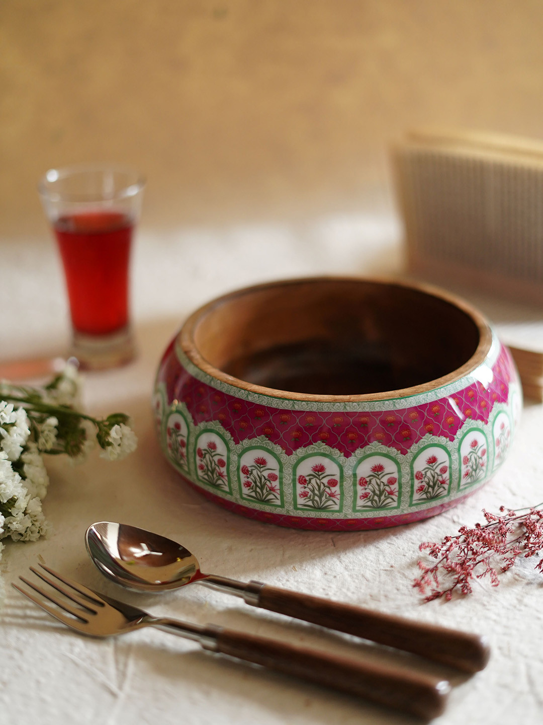 TWIG STORY Floral Valley Green & Pink Floral Trail Printed Wood Salad Bowl