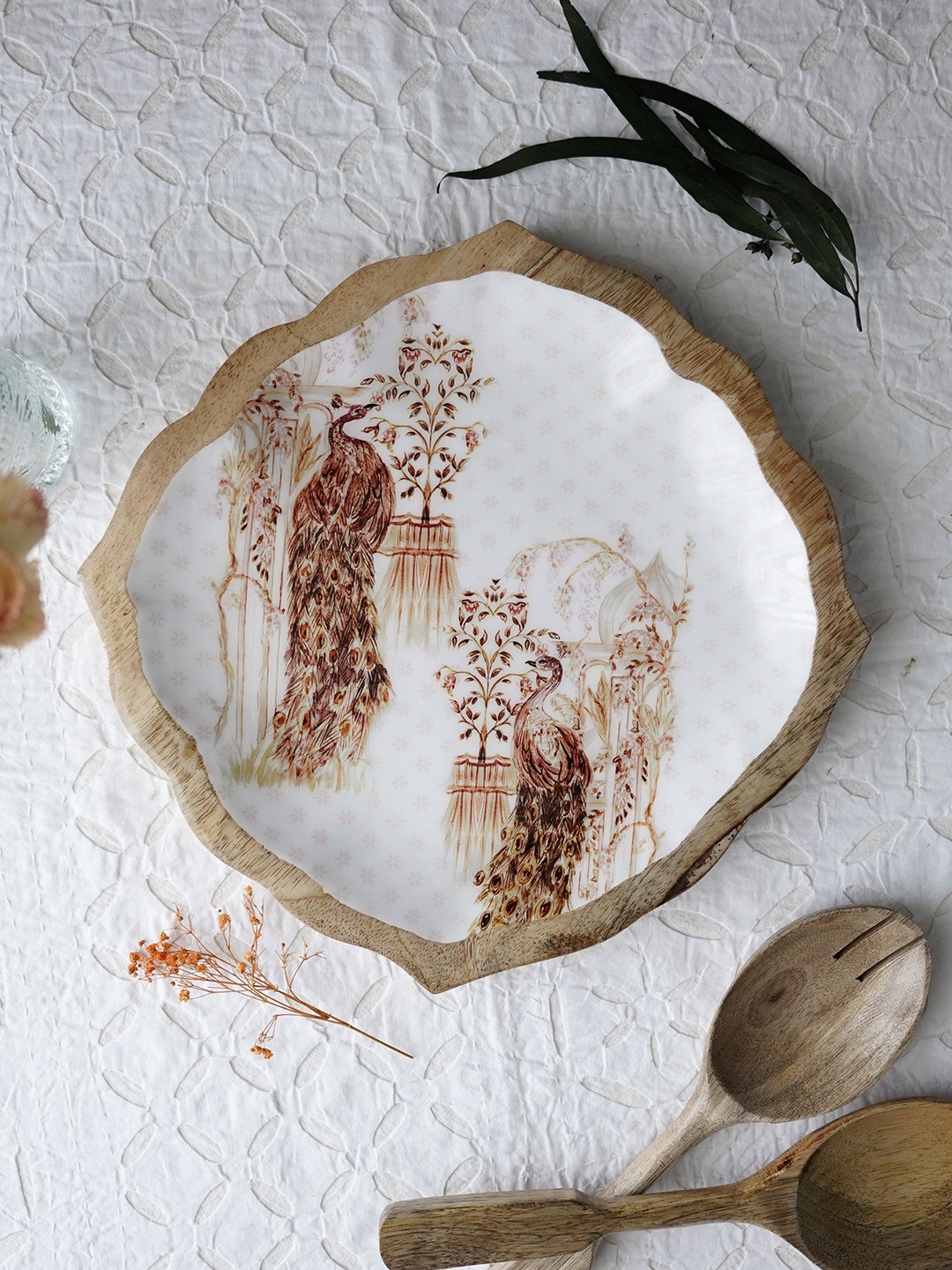 TWIG STORY Saavan Brown Mor Mahal Printed Wood Platter plater