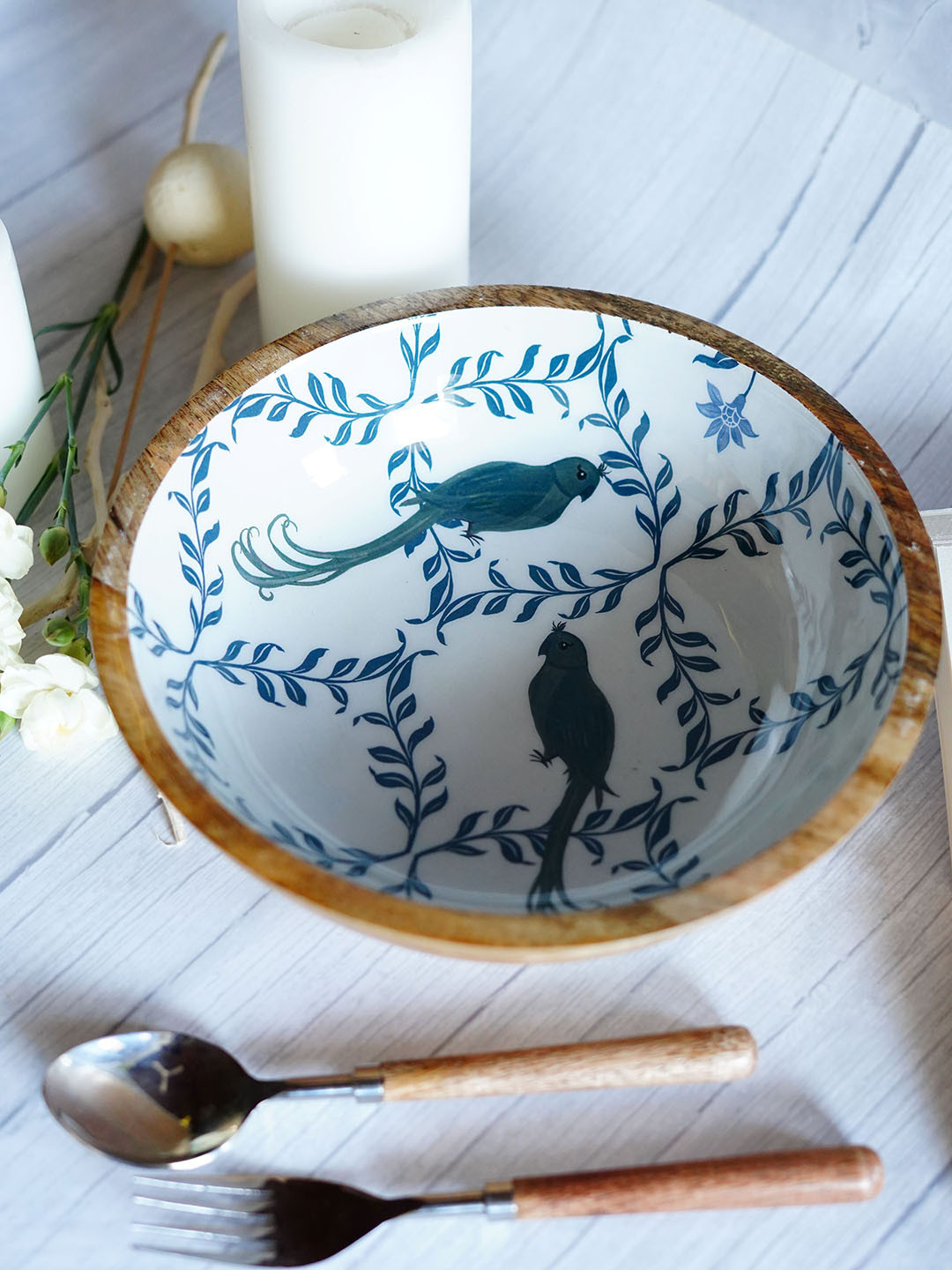 TWIG STORY Floral Valley White & Blue Bird Cross Jall Printed Wooden Serving Bowl