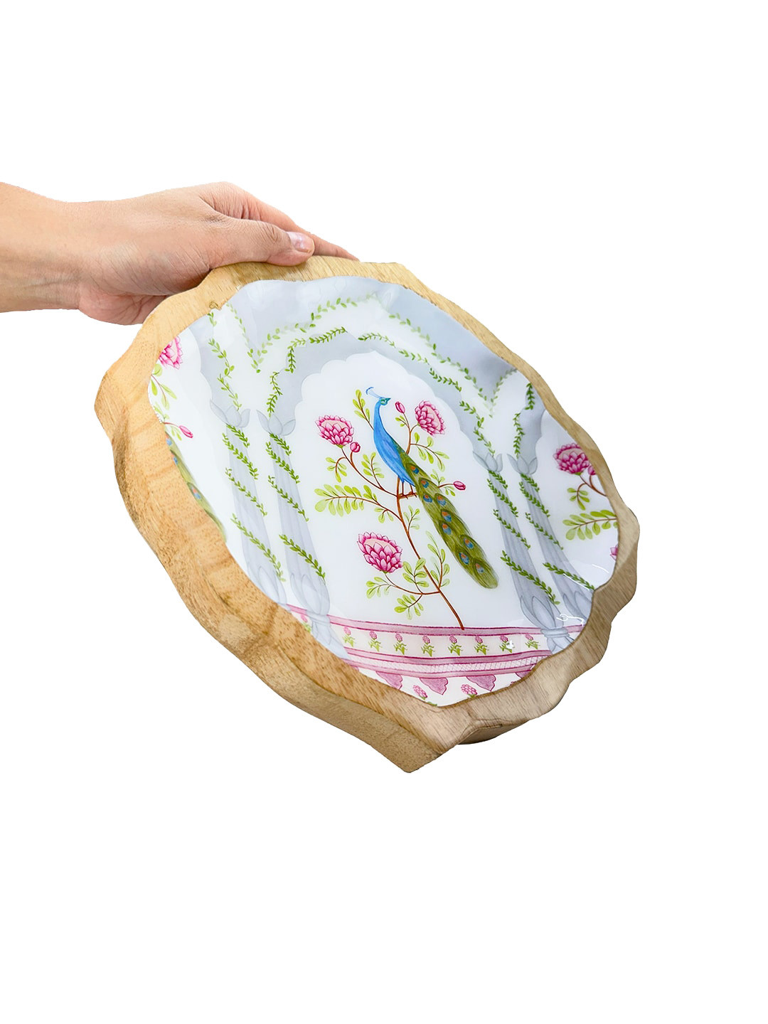 TWIG STORY Saavan Pink & White Mor Bagh Printed Wood Food Platter