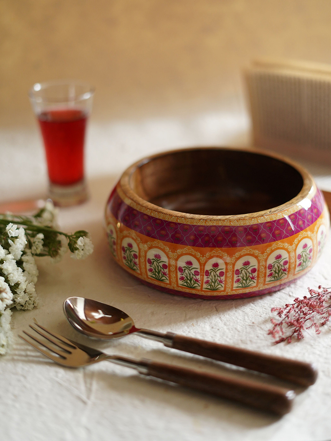 TWIG STORY Floral Valley Yellow Trail Printed Wood Salad Bowl