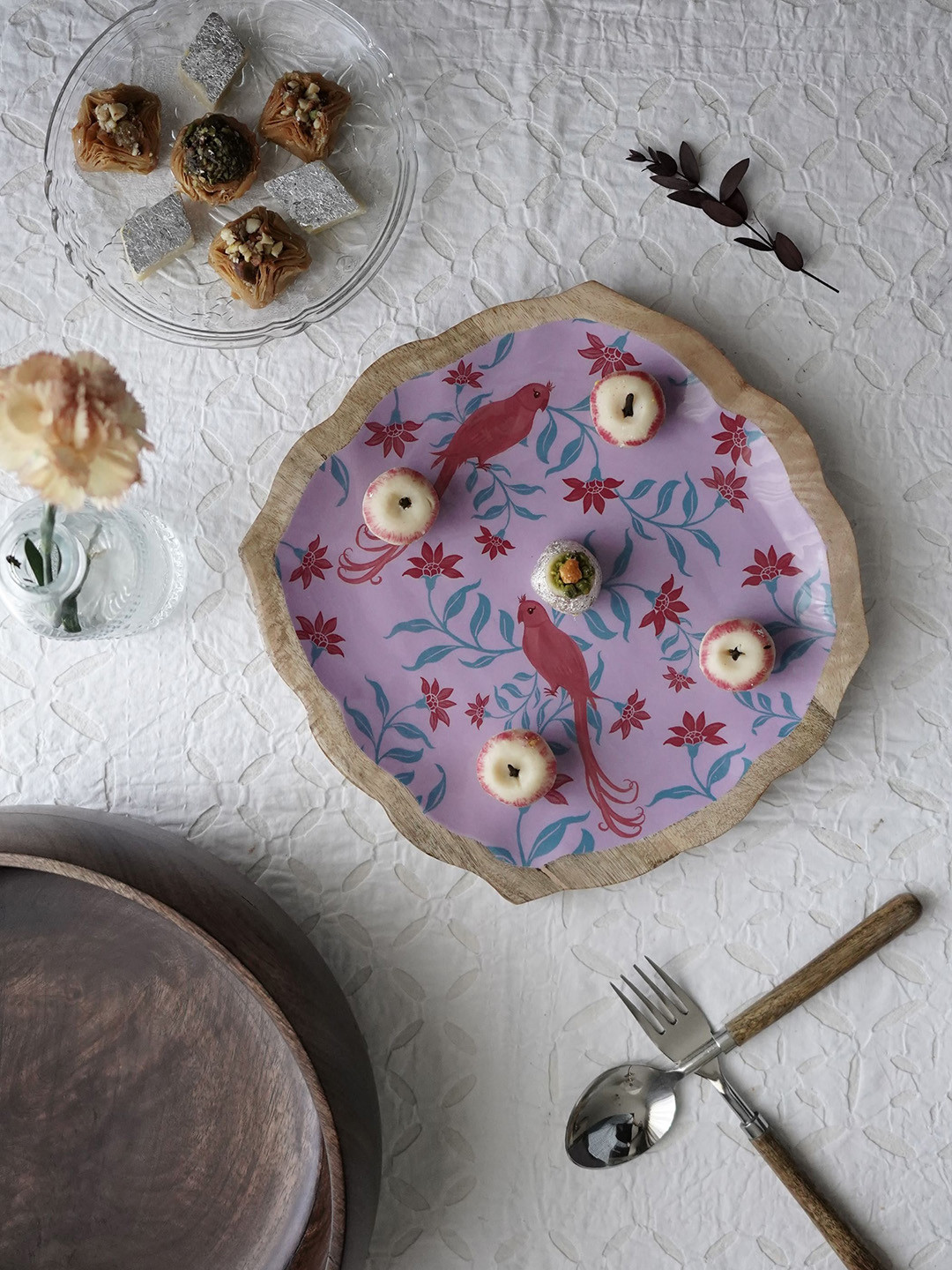 TWIG STORY Floral Valley Pink & Lavender Jall Bird Printed Wood Platter