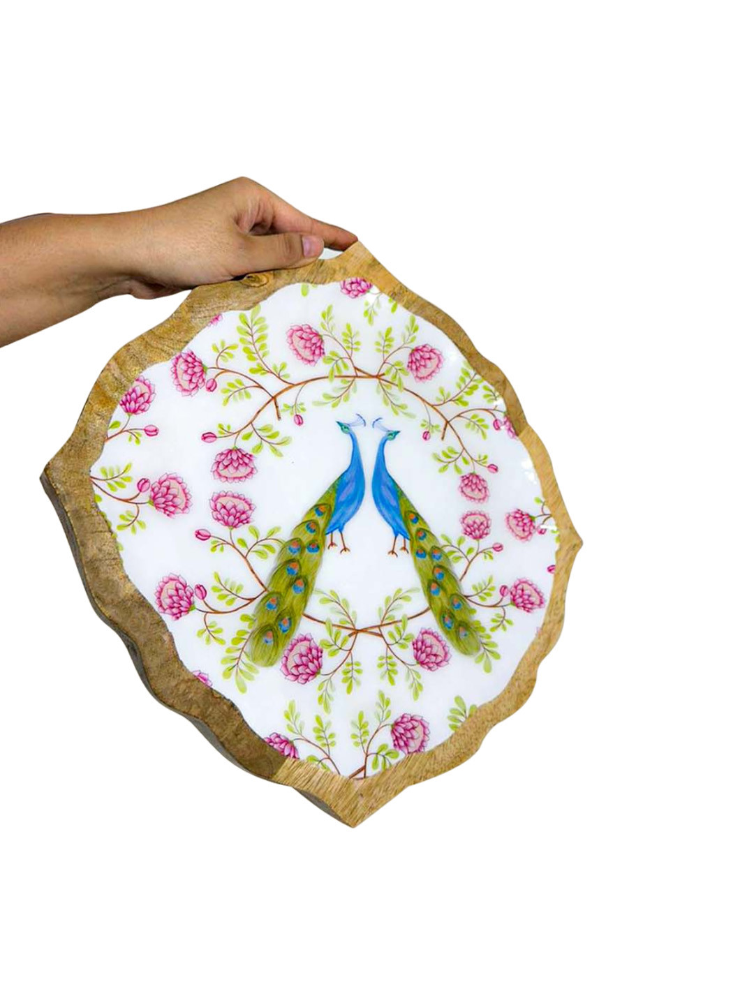 TWIG STORY Saavan Pink Mor Baagh Printed Wooden Big Platter