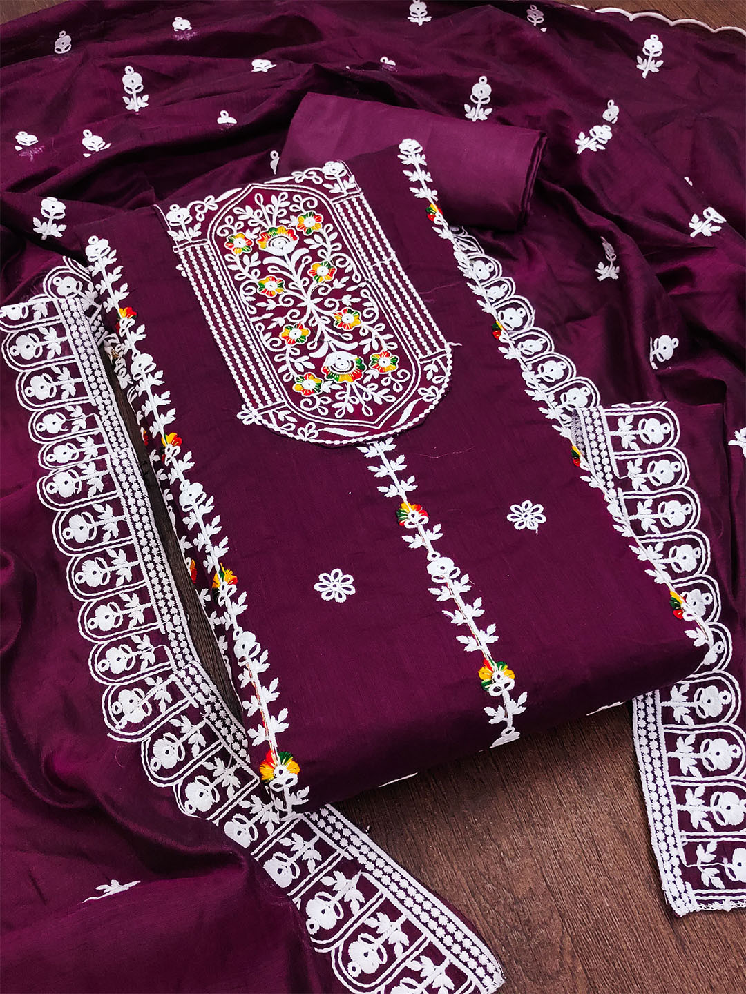 KALINI Purple & White Embroidered Unstitched Dress Material