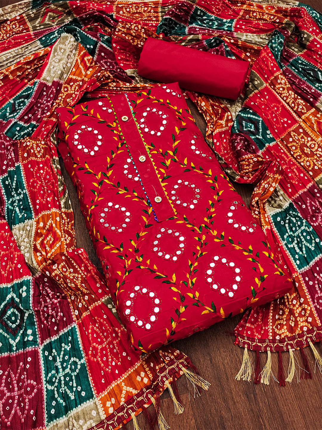 KALINI Bandhani Embroidered Pure Cotton Unstitched Dress Material