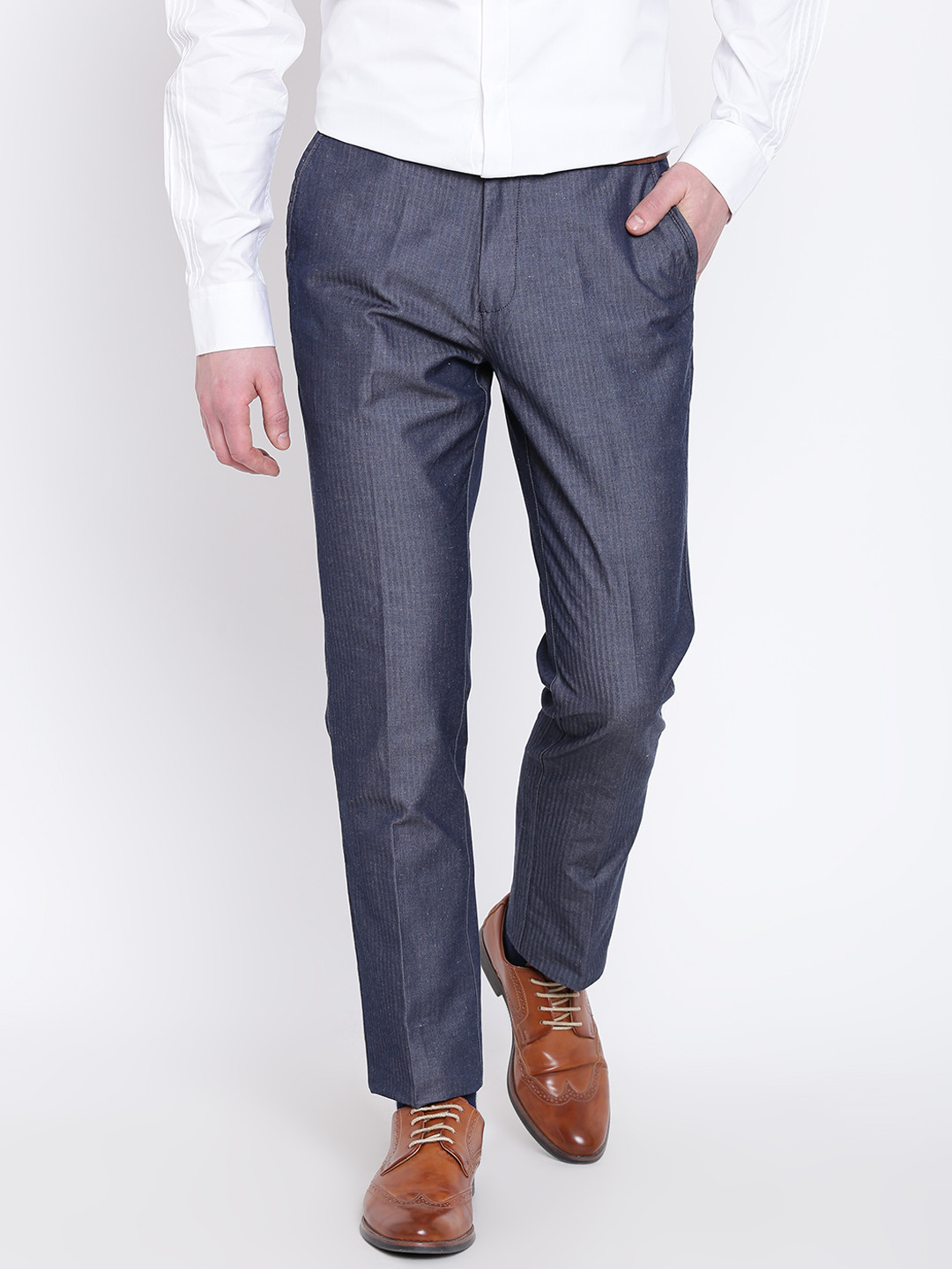 Blackberrys Men Navy Blue Sharp Fit Self-Striped Formal Trousers